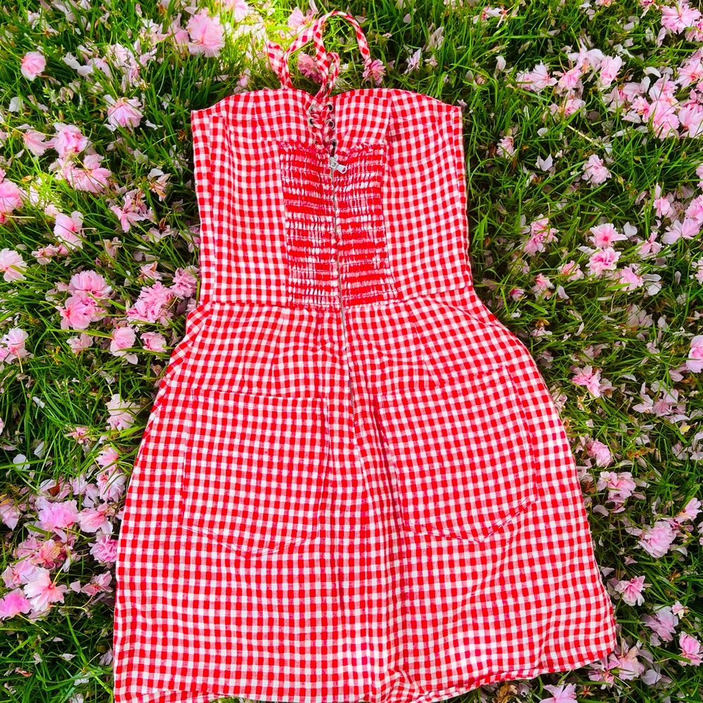 REFORMATION - mini dress red gingham with pockets front and back size 2